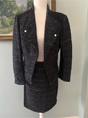 White House Black Market Black Tweed Blazer with Silver Buttons